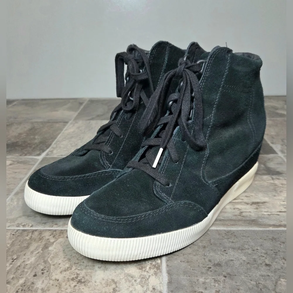 SOREL OUT 'N ABOUT SUEDE HIGH TOP WEDGE SNEAKERS.